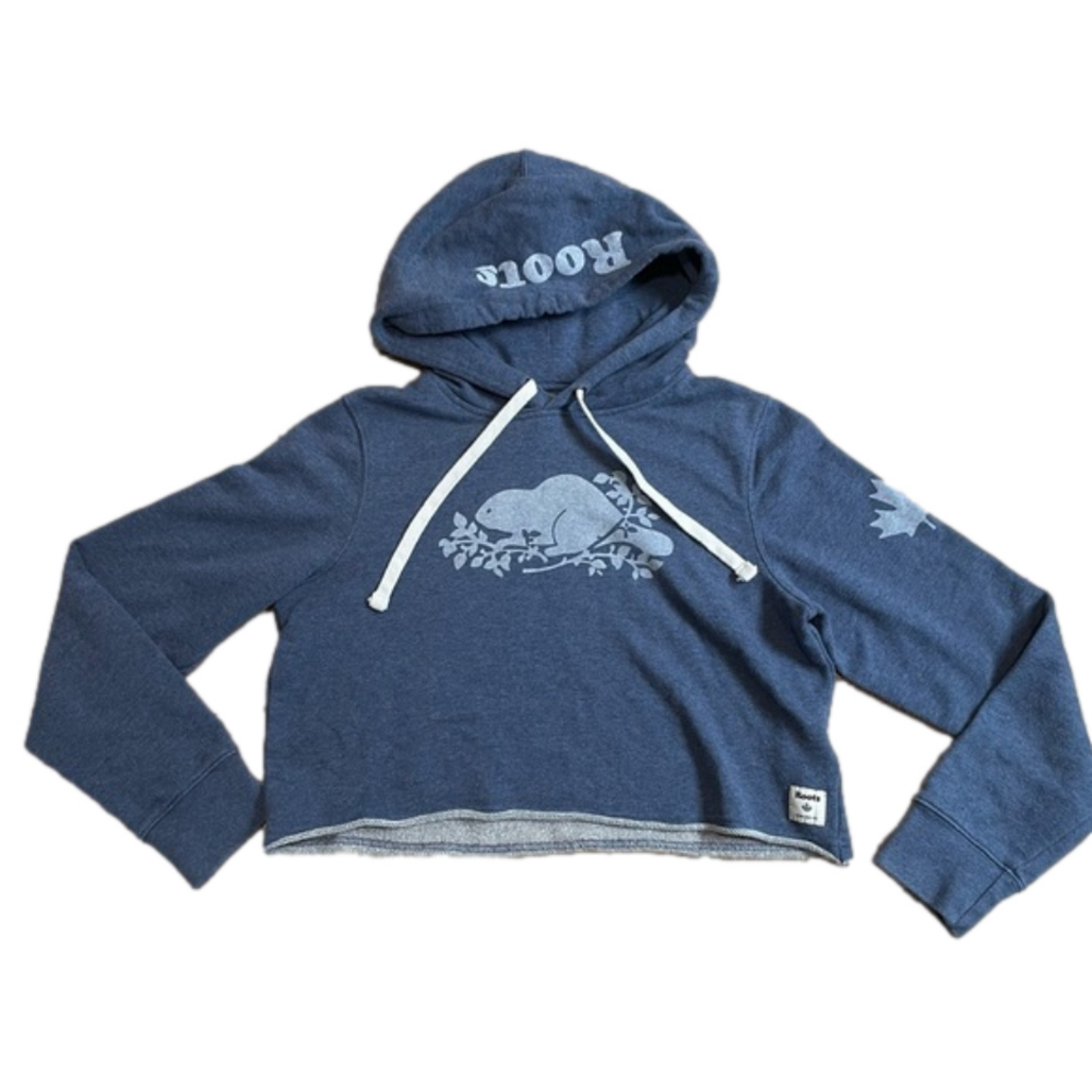 Roots Blue Cropped Hooded Sweatshirt Size Small